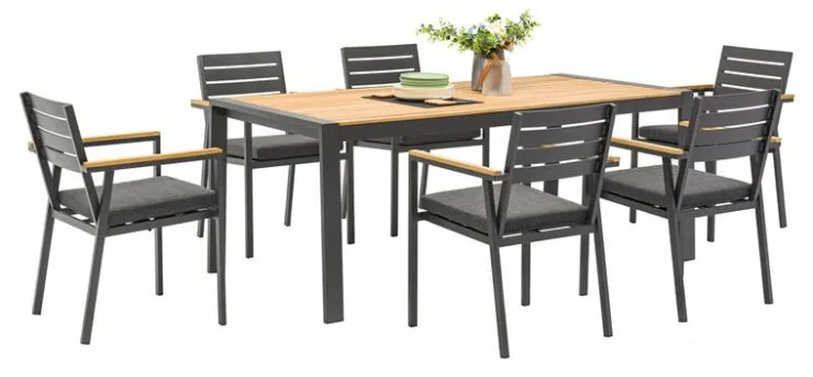 Hot Ensemble table de jardin Jina avec plateau polywood - 6 chaises de jardin - Aluminium - Noir Bains De Soleil|Meubles De Jardin