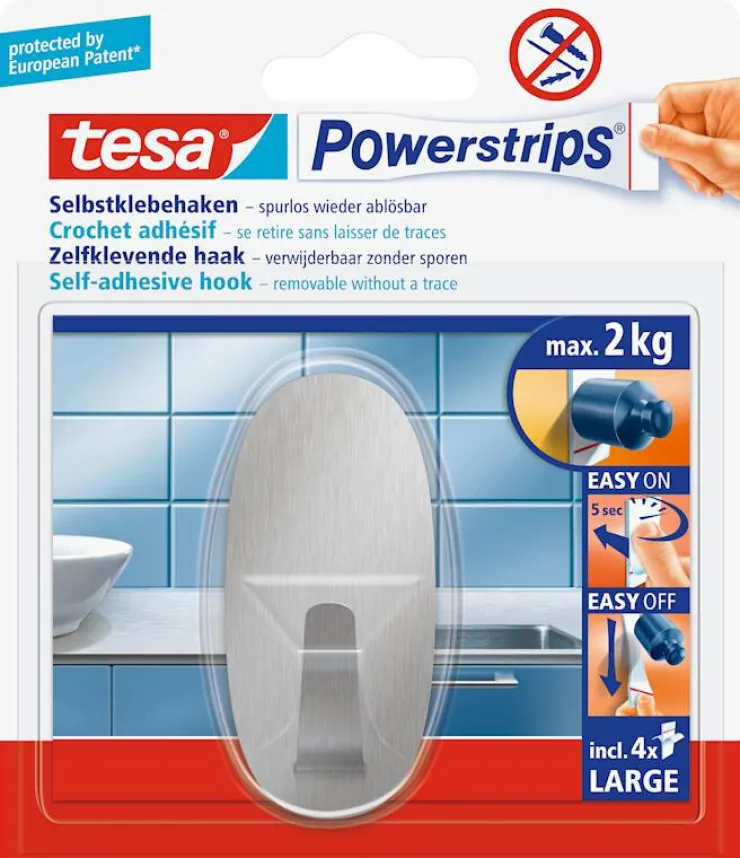Hot Powerstrips® crochet L ovale en métal (1 crochet + 4 languettes) Rubans Adhésif